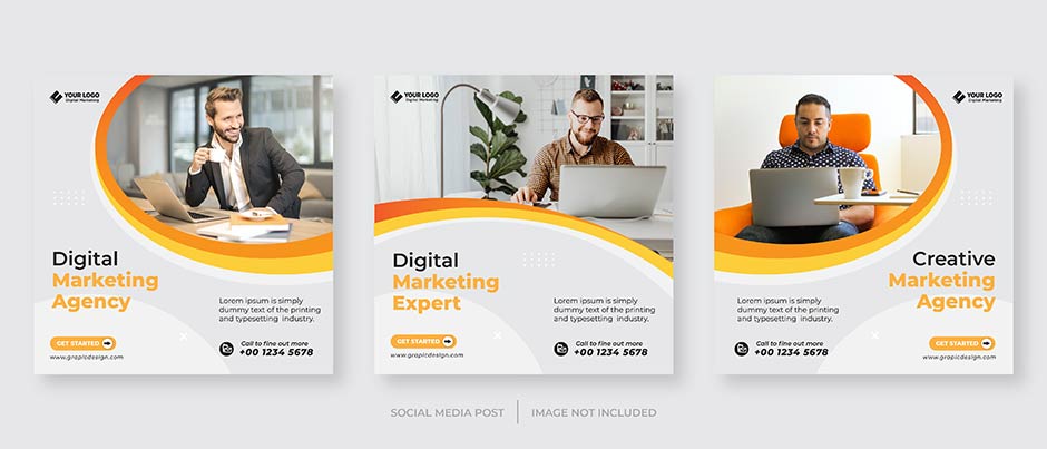 قالب اینستاگرام 3 عددی خلاقانه و کاربردی با تم رنگی سفید و نارنجی همراه با تصویر برای آژانس های دیجیتال مارکتینگ