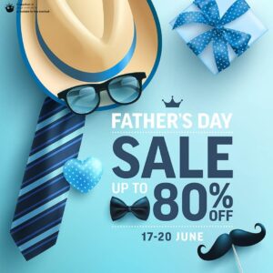 بنر فروش محصولات به مناسبت روز پدر با تصاویر کلاه و کراوات و سبیل و کادو