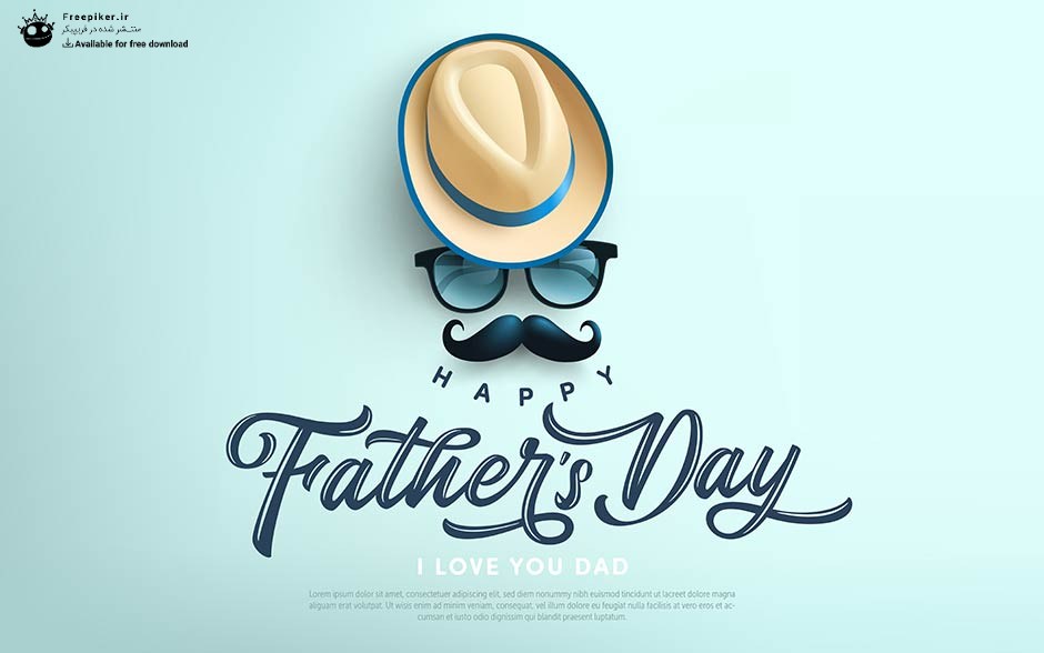 بنر روز پدر در بکگراند آبی جذاب با تصاویر عینک وسبیل و کلاه