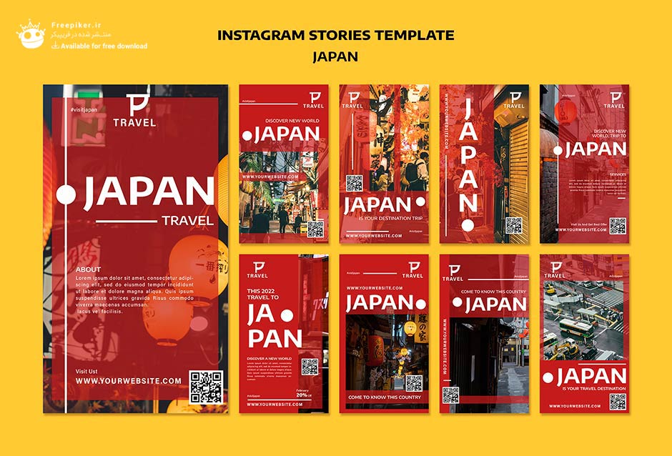 قالب استوری اینستاگرام پکیج 9 عددی با دیزاین فلت برای معرفی کشورها مثل ژاپن