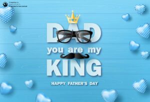 بنر تیریک روز پدر با قلب های آبی سه بعدی و تایپوگرافی روز پدر با تاج طلایی