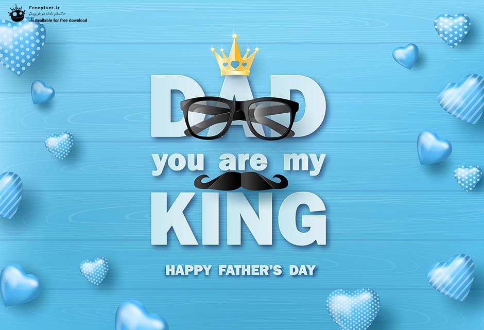 بنر تیریک روز پدر با قلب های آبی سه بعدی و تایپوگرافی روز پدر با تاج طلایی