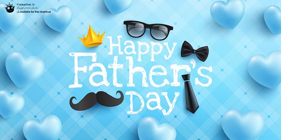 بنر تیریک روز پدر با قلب های آبی سه بعدی و تایپوگرافی روز پدر با تاج طلایی در بکگراند آبی روشن