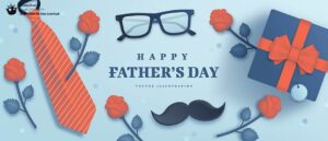 بنر سایت روز پدر با کاراکتر کادوو عینک و کراوات و سبیل و گل با رنگ های صورتی و سرمه ای