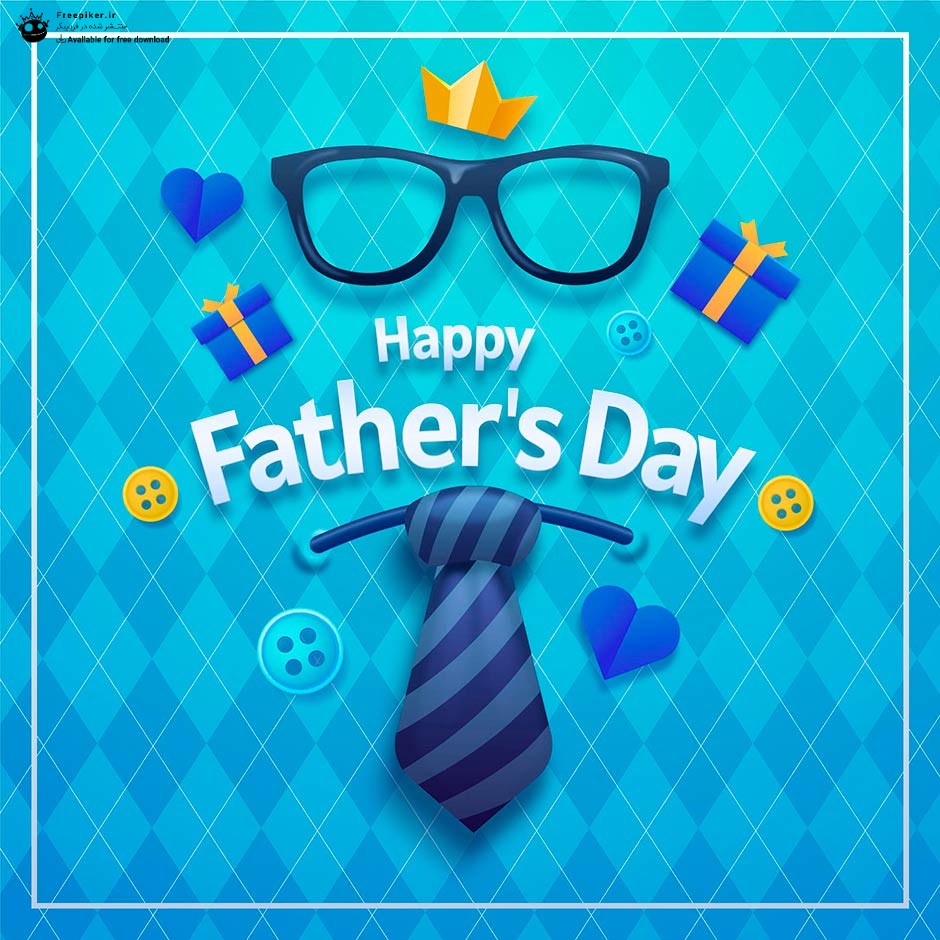 بنر پست اینستاگرام بسیار جذاب برای روز پدر با تصاویر عینک و تاج و کراوات سه بعدی در بکگراند آبی شیک