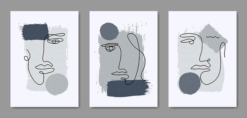 لاین آرت 3 تکه صورت انسان با رنگ طوسی برای چاپ تابلو