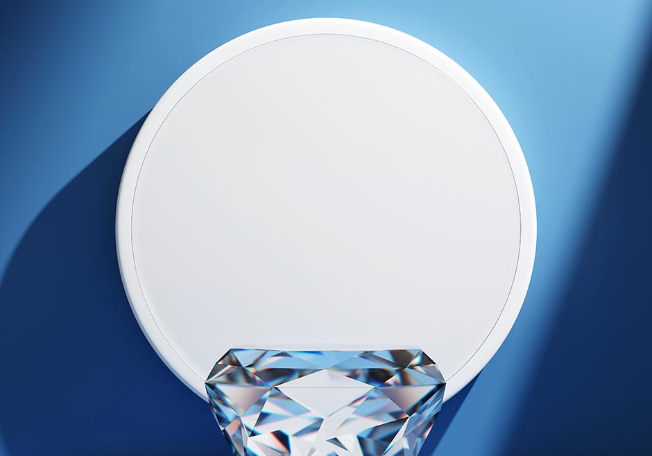 سکوی سه بعدی نمایش محصول در بکگراند آبی جذاب و دایره سفید و سکوی الماسی