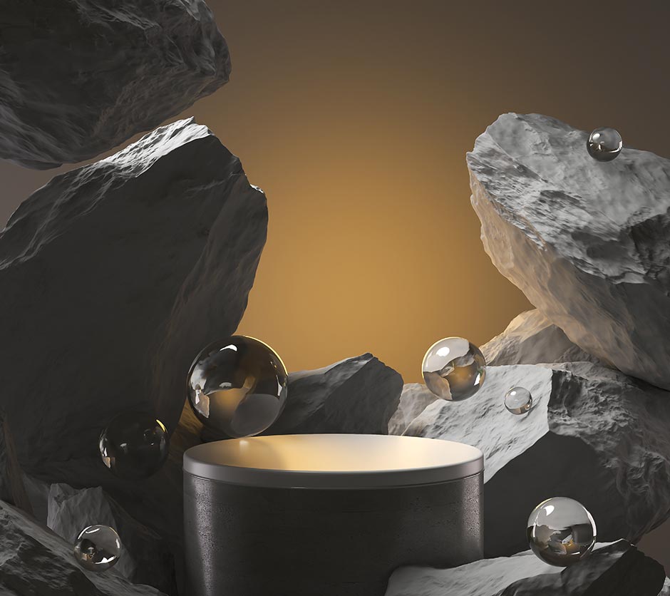 سکوی سه بعدی جئومتریک نمایش محصول در بین صخره های سنگی با گوی های شیشه ای با نور پیش زمینه قهوه ای