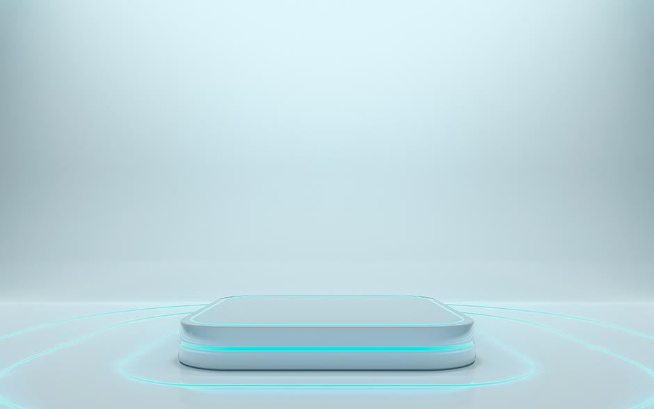 سکوی سه بعدی نمایش محصول مینیمال با نور نئونی آبی در بکگراند روشن آبی به صورت مینیمال