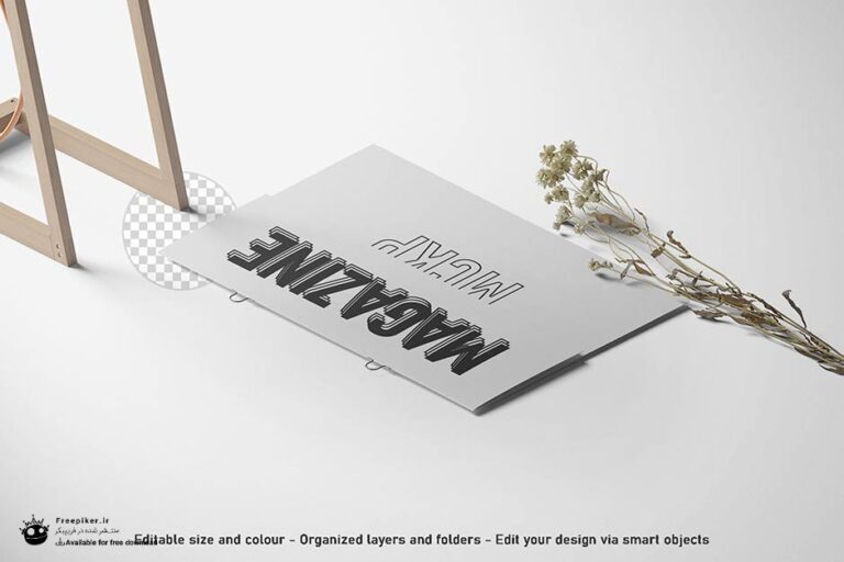 موکاپ جلد روی مجله در کنار گل سفید