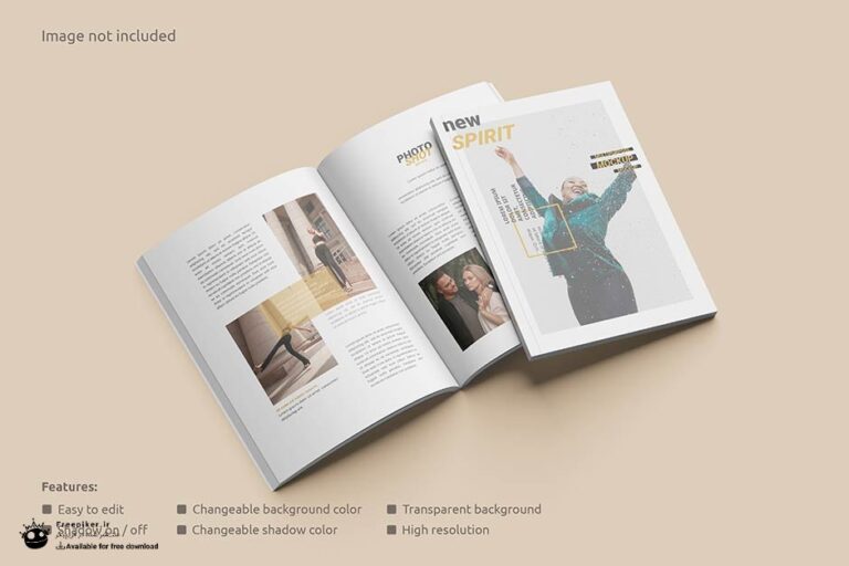 موکاپ جلد روی مجله و صفحات داخلی در کنار هم