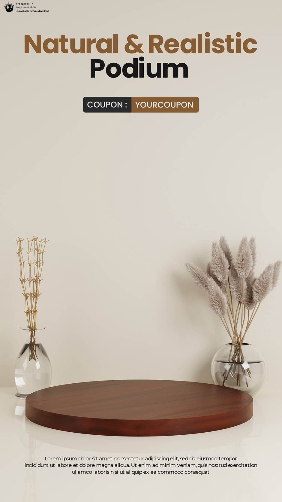 سکوی چوبی سه بعدی نمایش محصولات در بکگراند مینیمال گلدان های شیشه ای