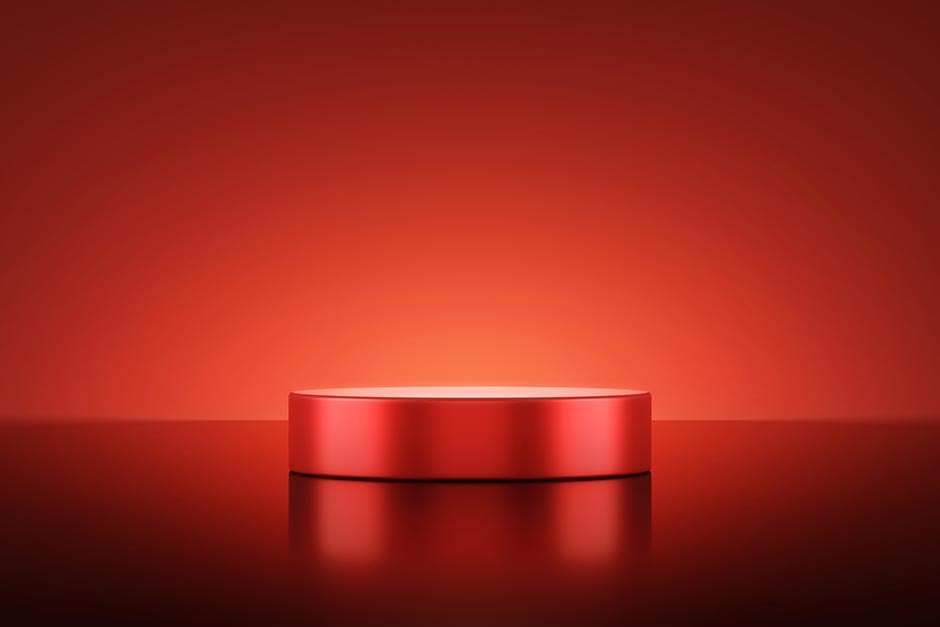 سکوی جذاب سه بعدی قرمز رنگ نمایش محصول در بکگراند خیره کننده قرمز رنگ برای نمایش محصولات لوکس مثل عطر و ادکلن
