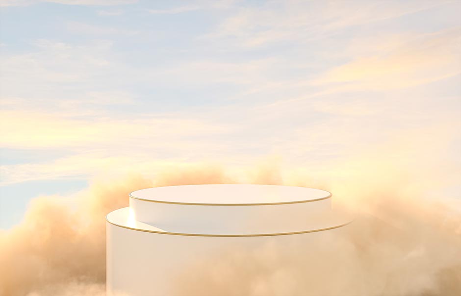 سکوی سه بعدی سفید طلایی زیبا برای نمایش محصول در بکگراند آسمان آبی و ابرهای طلایی جذاب