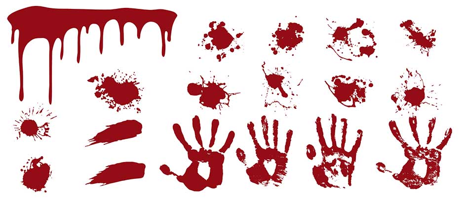 وکتور آیکون ها و براش های دست های خونی و لکه های خون برای مبارزه با تروریسم و جنگ