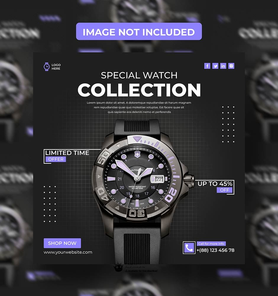 قالب اینستاگرام فروش ساعت با تم رنگی دارک و بنفش