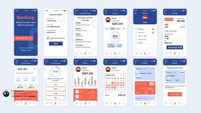 کیت UI اپلیکیشن بانکی با تم رنگی سرمه ای و نارنجی با 12 صفحه مجزا و آماده