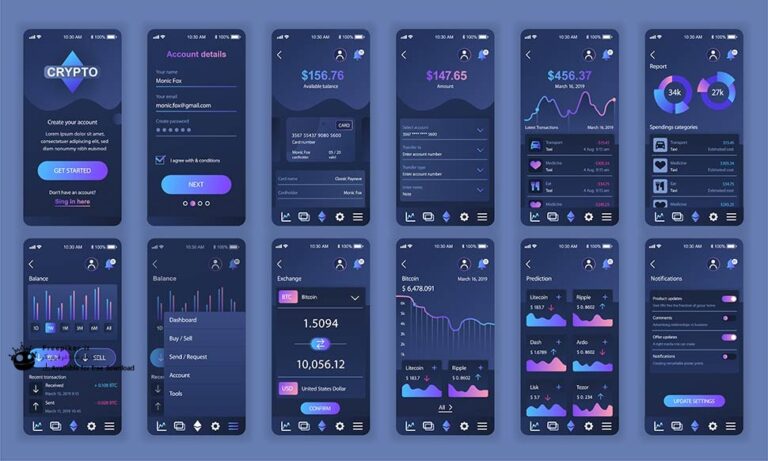کیت UI اپلیکیشن فروش رمز ارز با تم دارک و تیره و رنگ های بنفش دارای 12 صفحه مجرای آماده
