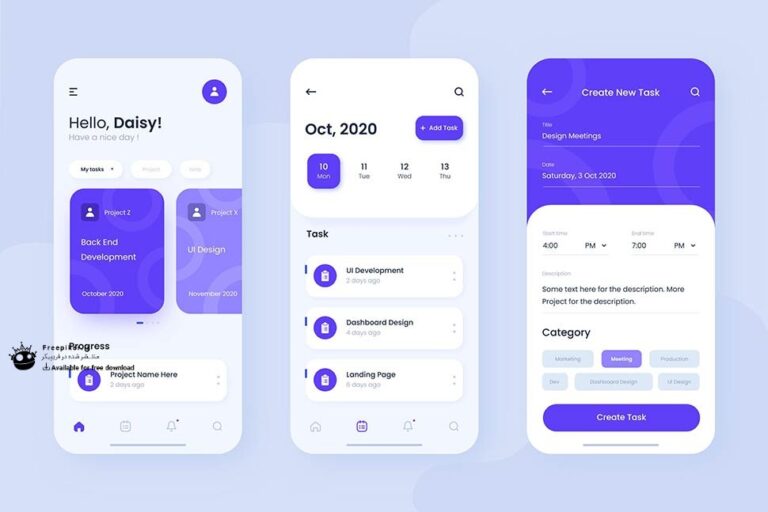 کیت UI اپلیکیشن مدیریت وظایف و برنامه ریزی با تم مدرن و مینیمال بنفش دارای 3 صفحه مجزای آماده