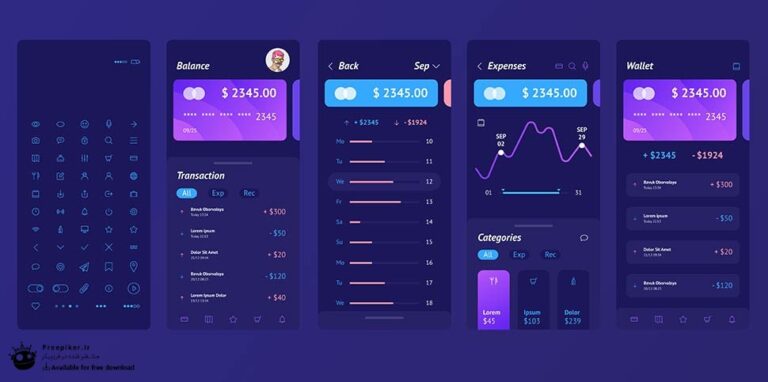 کیت UI اپلیکیشن مدیریت کارت های بانکی و حساب بانکی با تم دارک دارای 5 صفحه آماده