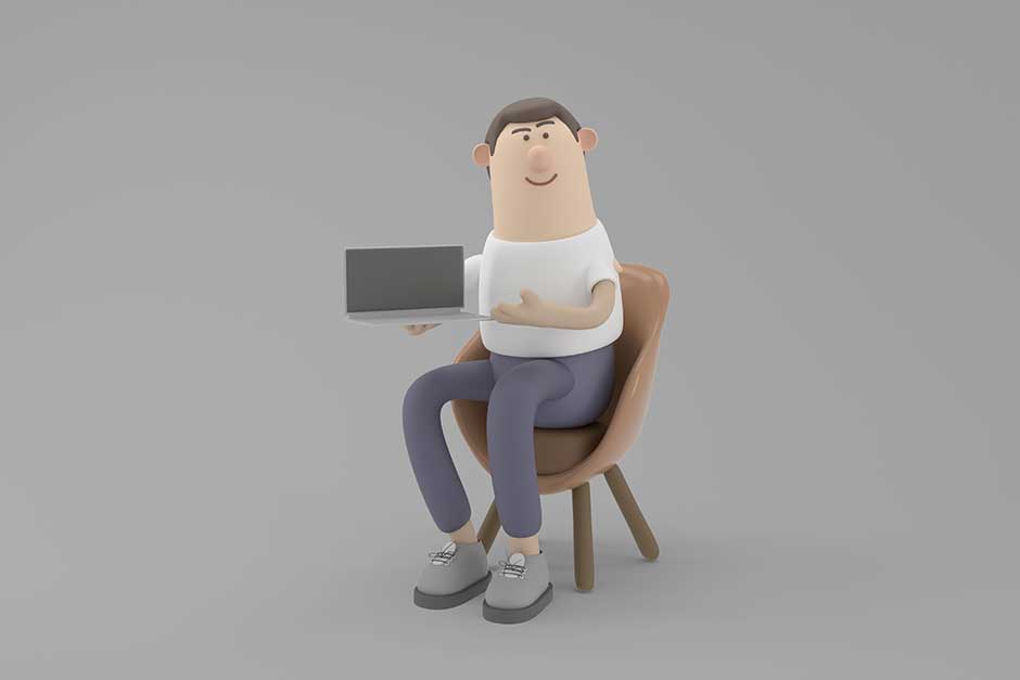 کاراکتر سه بعدی مرد کارمند با لپ تاپ در دست نشسته روی صندلی