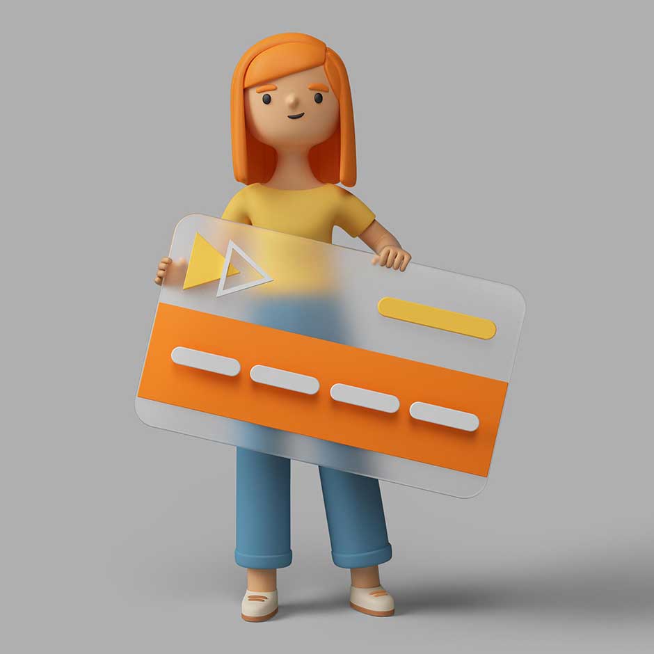 کاراکتر سه بعدی خانم با موهای نارنجی با کارت اعتباری شیشه ای در دست