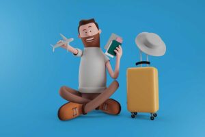 کاراکتر سه بعدی مرد ریش دار در حال مسافرت با چمدان و اسباب بازی هواپیما