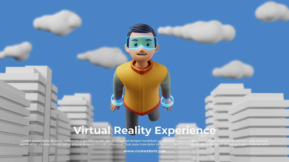 کاراکتر سه بعدی مرد با عینک واقعیت مجازی در حال پرواز بین ساختمان های بلند