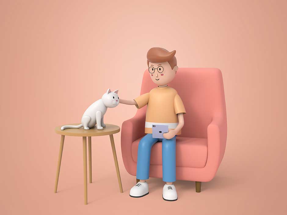 کاراکتر سه بعدی مرد نشسته روی صندلی در حال ناز کردن گربه