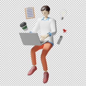کاراکتر سه بعدی پسر سئوکار در حال کار با لپتاپ در کنار المان های قهوه و گوشی و کاغذ