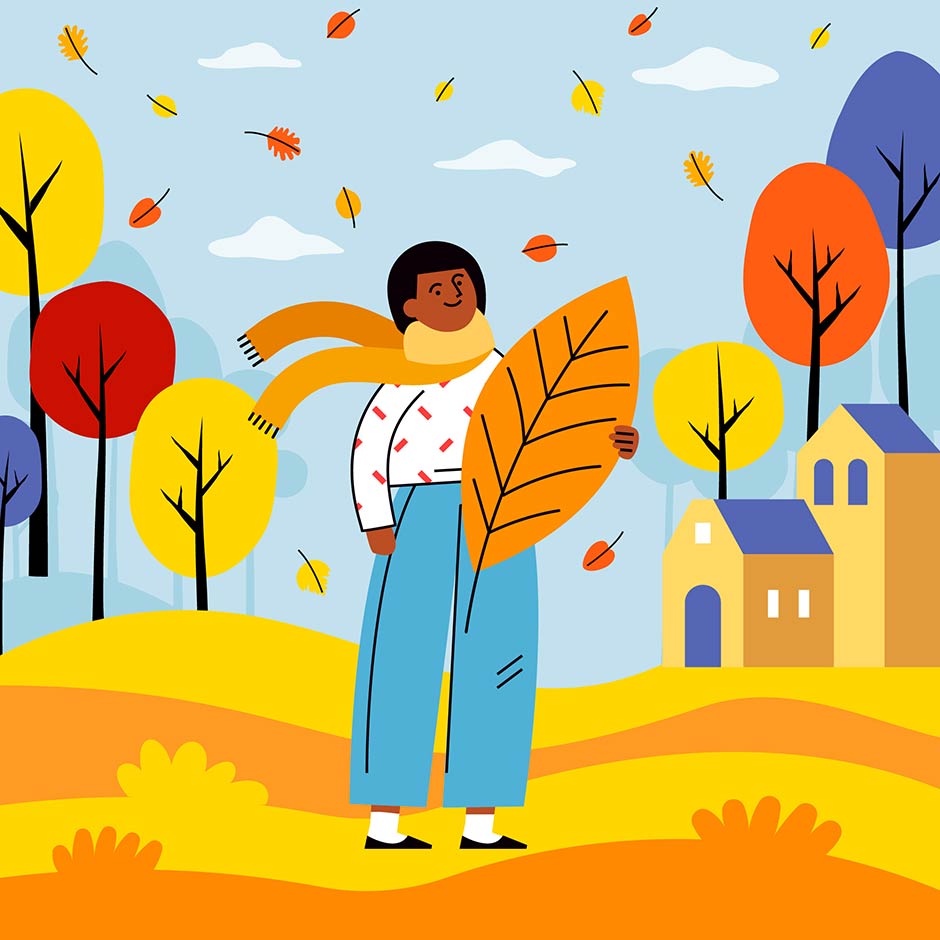 وکتور تصویر دختر در منظره پاییزی با درختان قرمز و زرد مناسب چاپ روی جلد کتاب