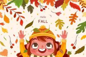 وکتور کارتونی دختر بچه در پاییز در حال بازی با برگ درختان