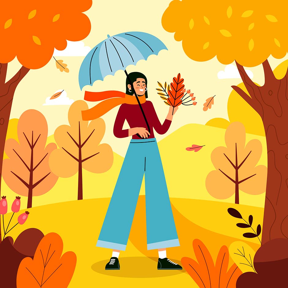 وکتور دختر در پارک با درختان پاییزی و چتر آبی در دست
