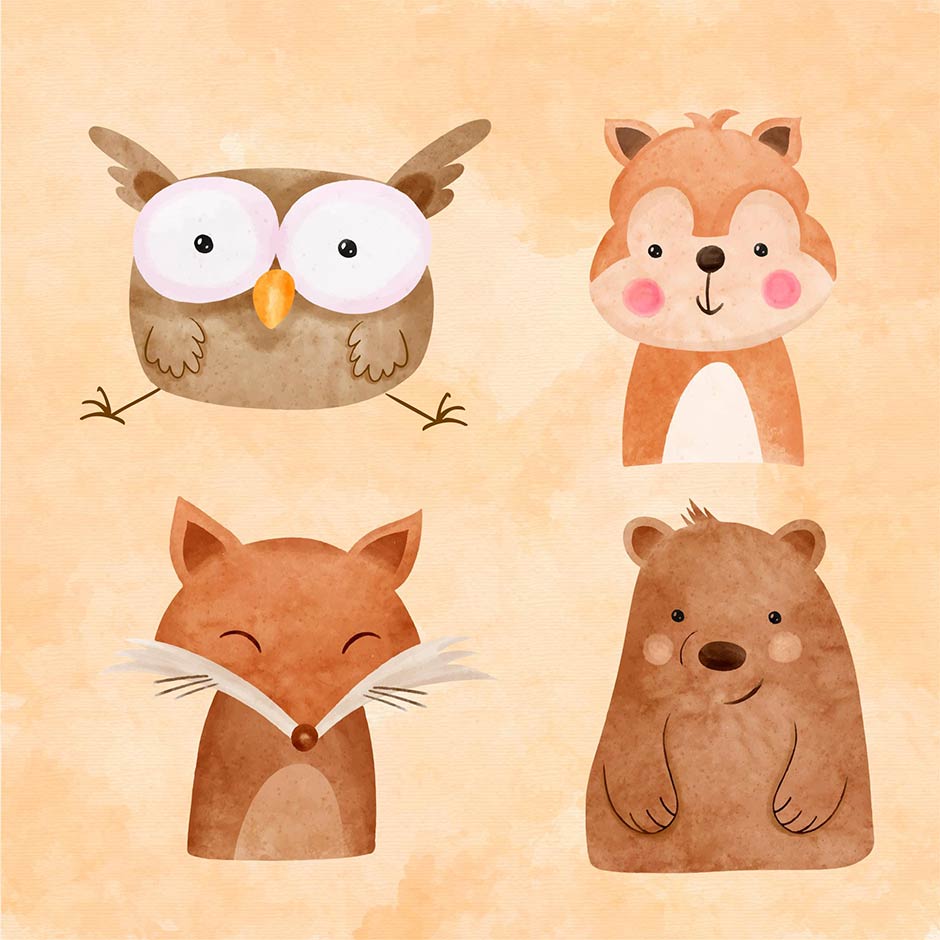 وکتور حیوانات کارتونی با مزه شامل جغد و سنجاب و روباه و خرس