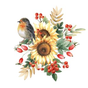 وکتور تصویر نقاشی شده پرنده و گل های آفتاب گردان و میوه های پاییزی