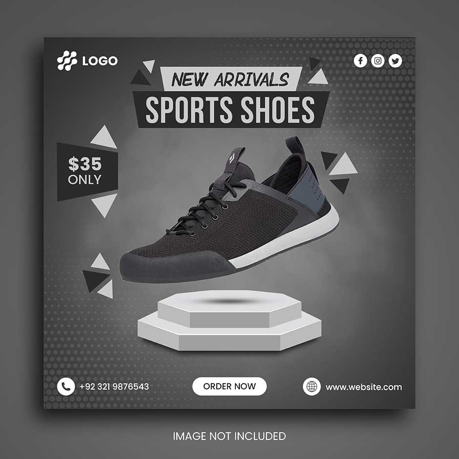 قالب اینستاگرام پست فروش محصولات کفش با تم دارک و سکوی نمایش محصول