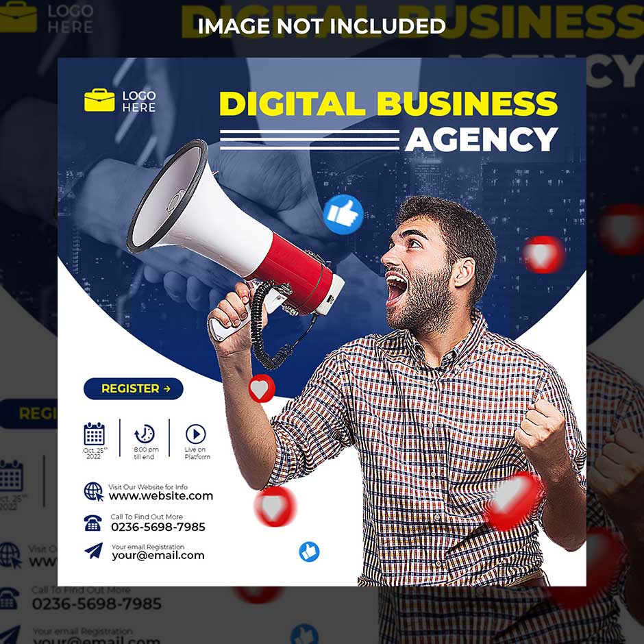 قالب اینستاگرام پست معرفی خدمات دیجیتال مارکتینگ با تصویر مرد در حال صدا کردن در بلندگو و تم رنگی سرمه ای و سفید