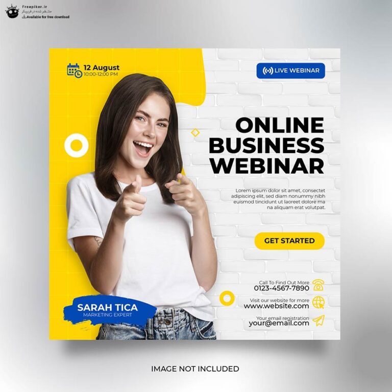 قالب اینستاگرام معرفی خدمات با تصویر خانم در حال اشاره کردن و تم رنگی زرد و سفید