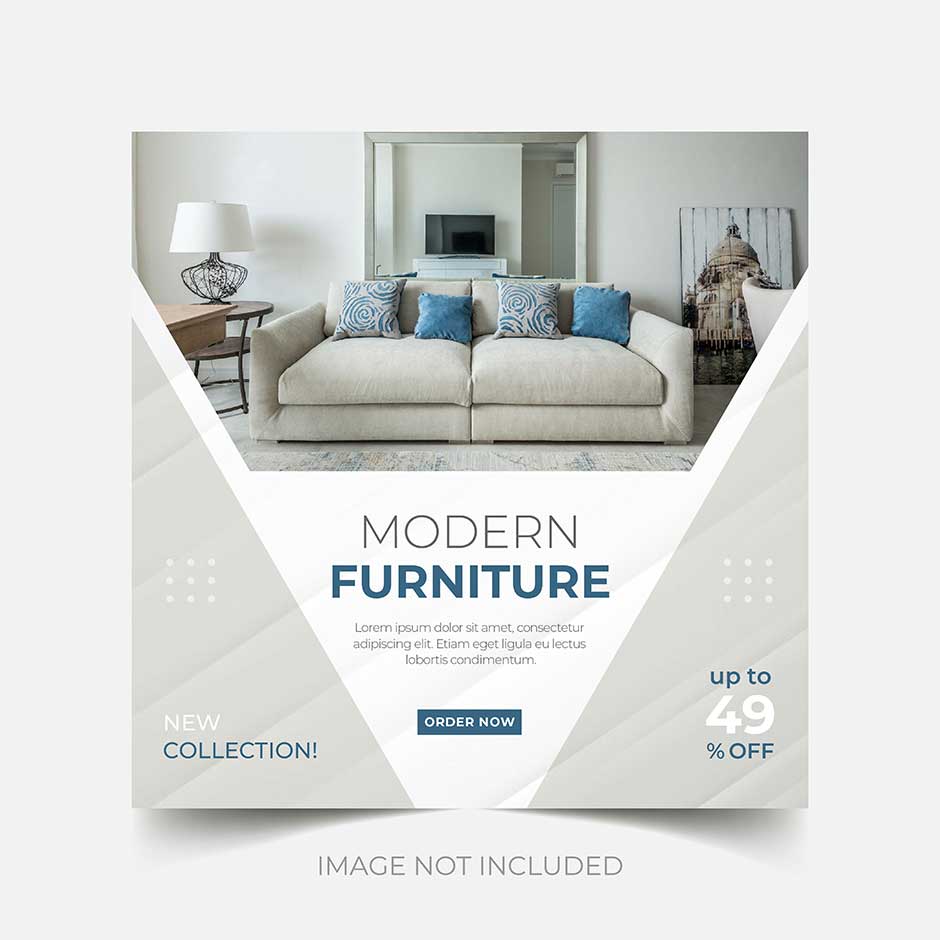 قالب اینستاگرام پست فروش مبلمان و محصولات منزل همراه با عکس و تم رنگی سفید و طوسی