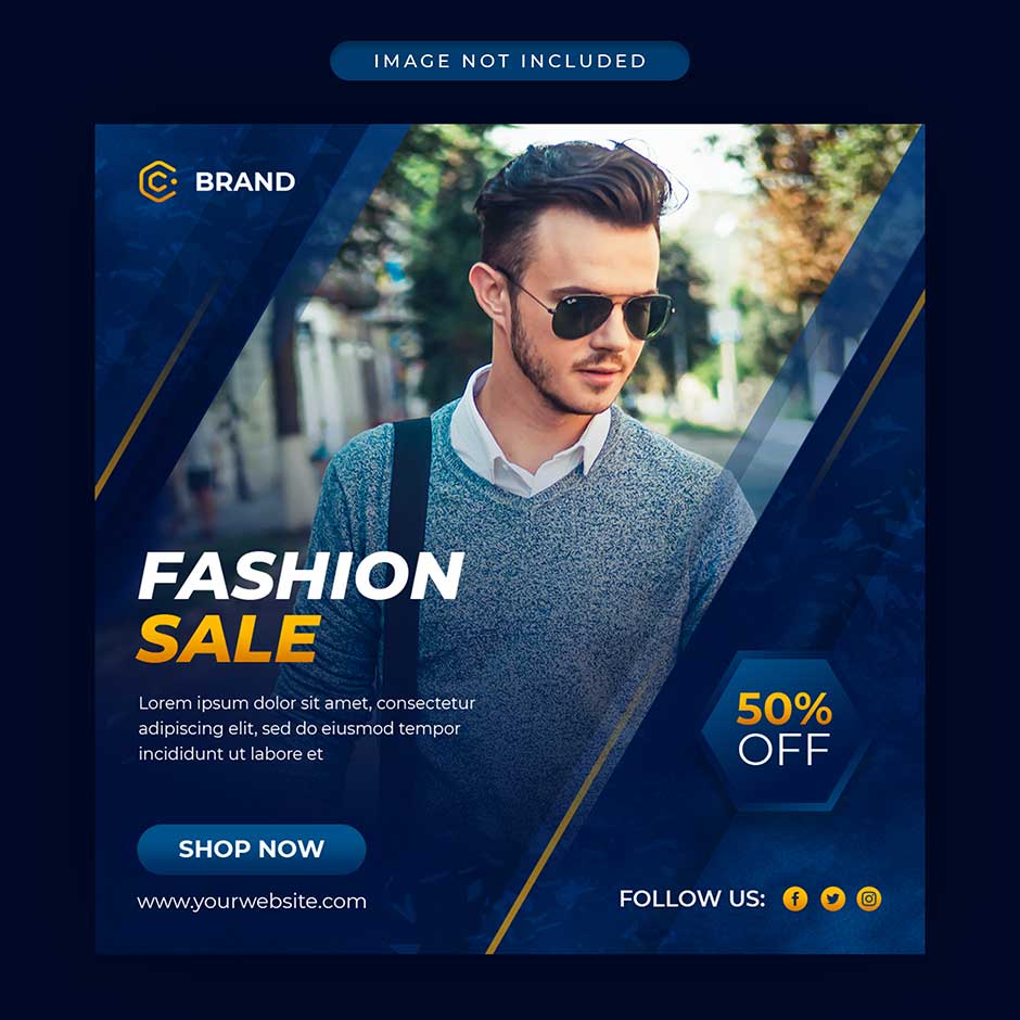 قالب اینستاگرام پست فروش لباس مردانه همراه با عکس مدل مرد و تایپوگرافی طلایی رنگ
