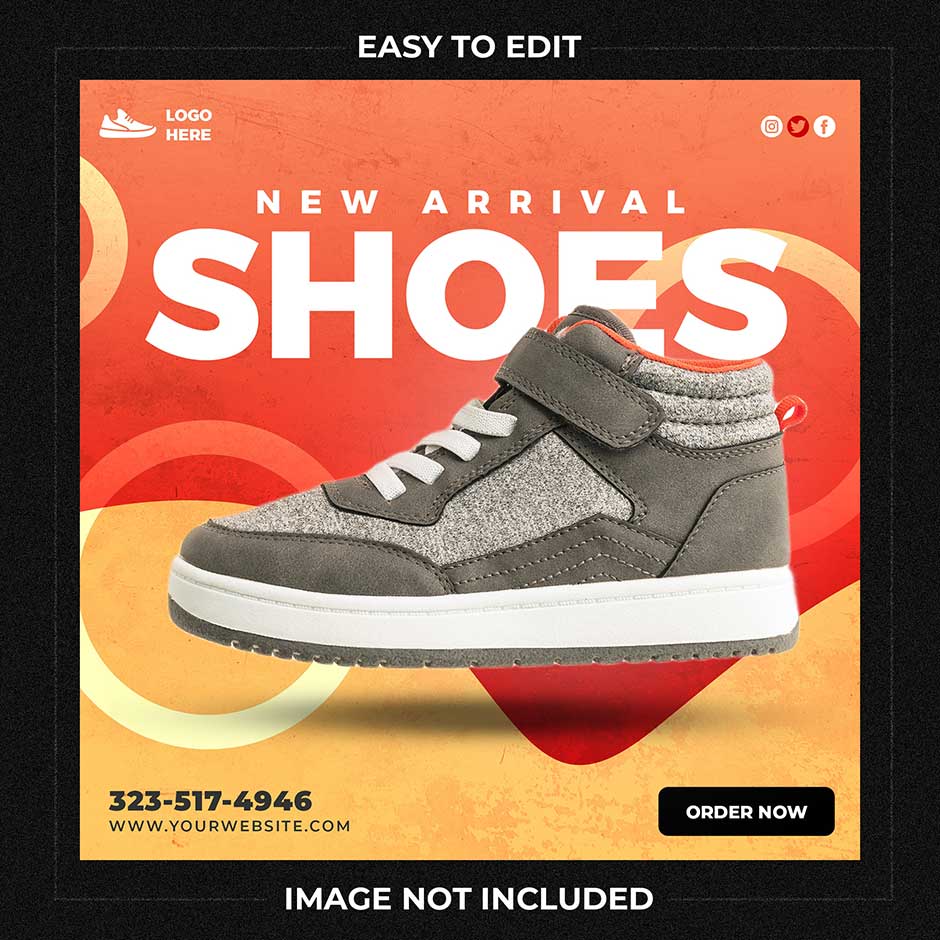 قالب اینستاگرام فروش محصولات کفش با تصویر و بکگراند نانرجی و کرم