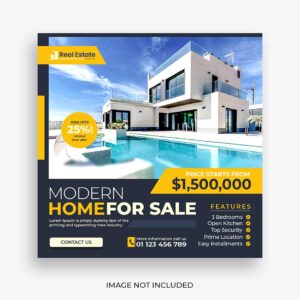 فروش ملک و خانه با تصویر بزرگ از خانه در تم رنگی طوسی و زرد