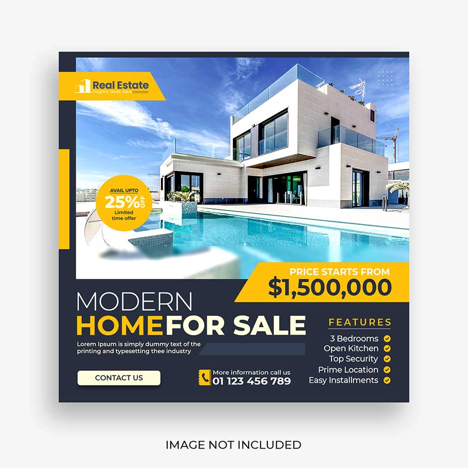 فروش ملک و خانه با تصویر بزرگ از خانه در تم رنگی طوسی و زرد