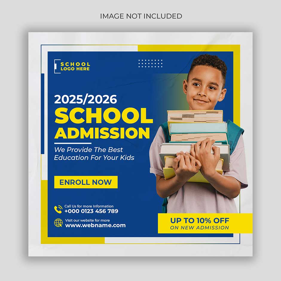 قالب اینستاگرام معرفی خدمات مدرسه همراه با تصویر دانش آموز کتاب به دست در بکگراند آبی و زرد