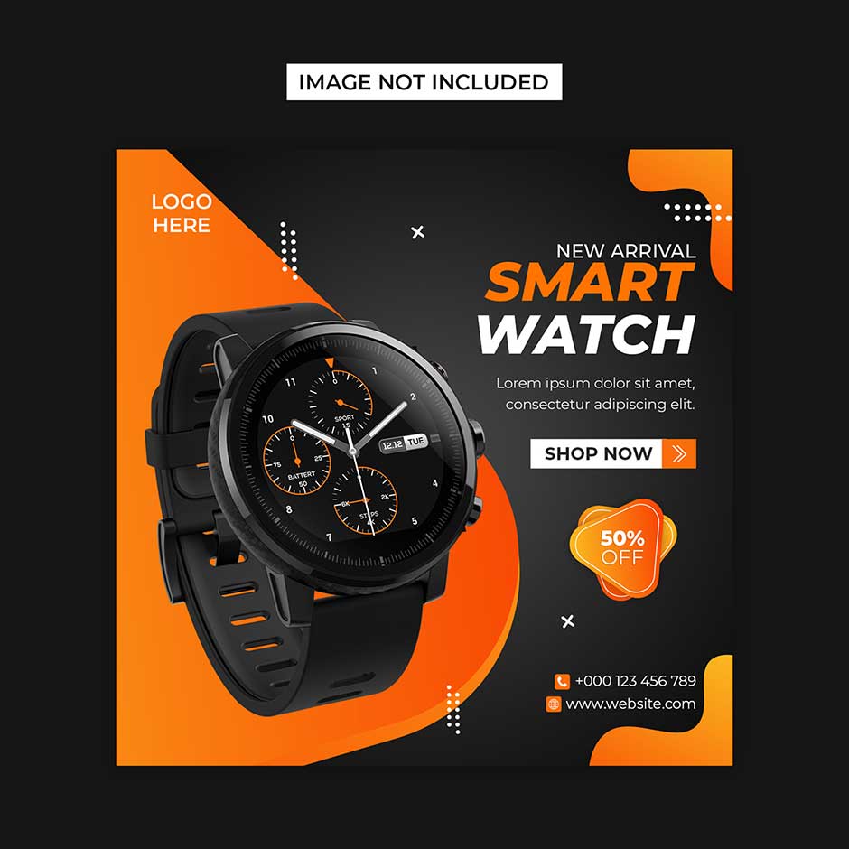 قالب اینستاگرام فروش ساعت در تم رنگی نارنجی و مشکی به صورت مینیمال و خلاقانه