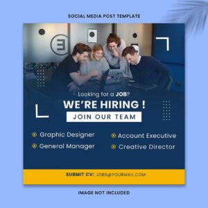 قالب اینستاگرام پست آگهی استخدام همراه با تصویر کارمندان در بکگراند آبی و زرد