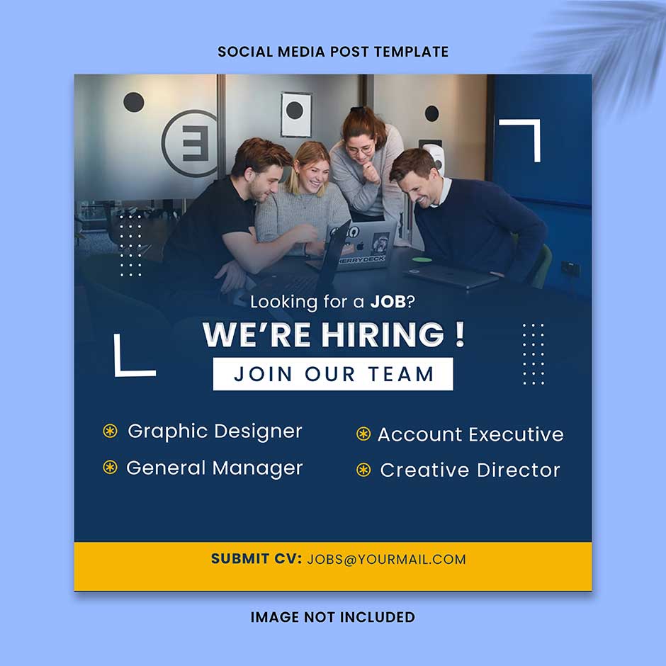 قالب اینستاگرام پست آگهی استخدام همراه با تصویر کارمندان در بکگراند آبی و زرد