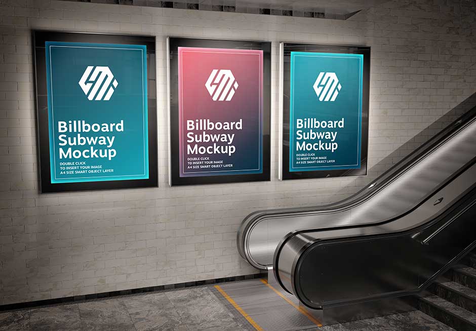 موکاپ سه پوستر کنار هم در مترو کنار پله برقی