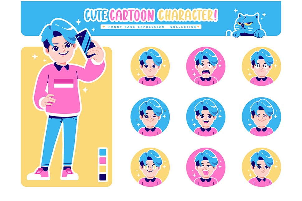 مجموعه کامل کاراکتر کارتونی پسر با موهای آبی با 9 حالت مختلف صورت