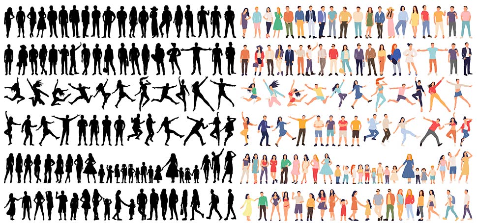 مجموعه 240 عددی کاراکتر زن و مرد با شکل های مختلف به صورت رنگی و سیاه و سفید با کیفیت بالا